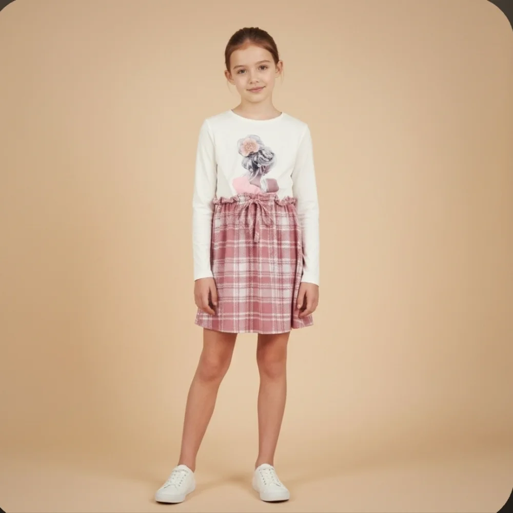 Stylish Kids Casual Dress with Pink Plaid Skirt Girls Size 8 - Picture 6 of 6